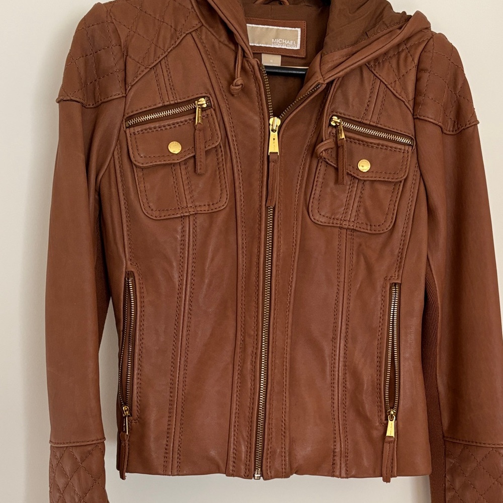 MICHAEL Michael Kors Tan Leather Jacket with Gold Details